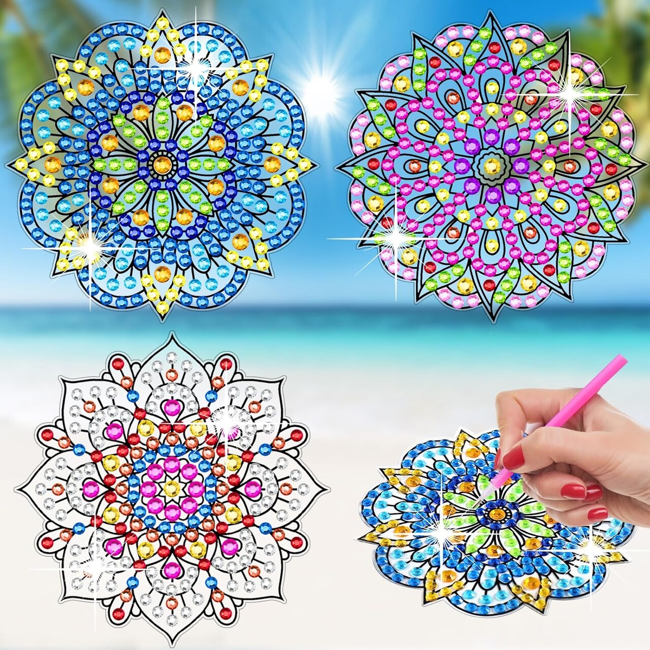 Diamond Art Stained Glass Window Clings with Diamond DIY Pen, 3 Pcs Mandala Window Stickers for Suncatchers, Diamond Art Kits for Adults